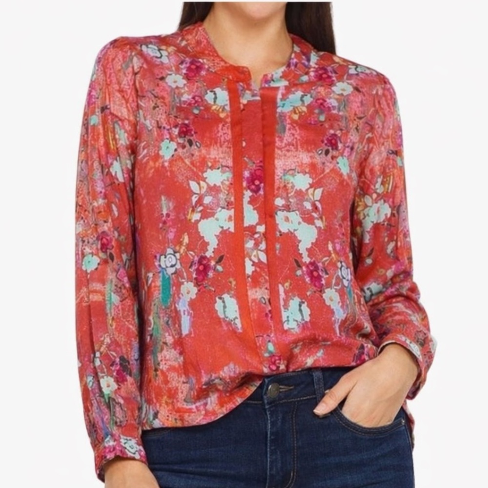 Tolani Collection Large Adele 100% Modal Button Up Shirt Mandarin Collar Floral